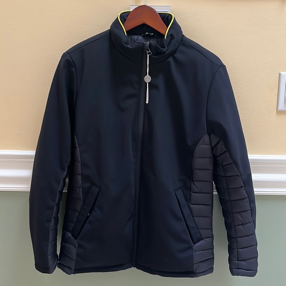 Trez luxury brand coat small below hip length, black, hooded , with yellow trim